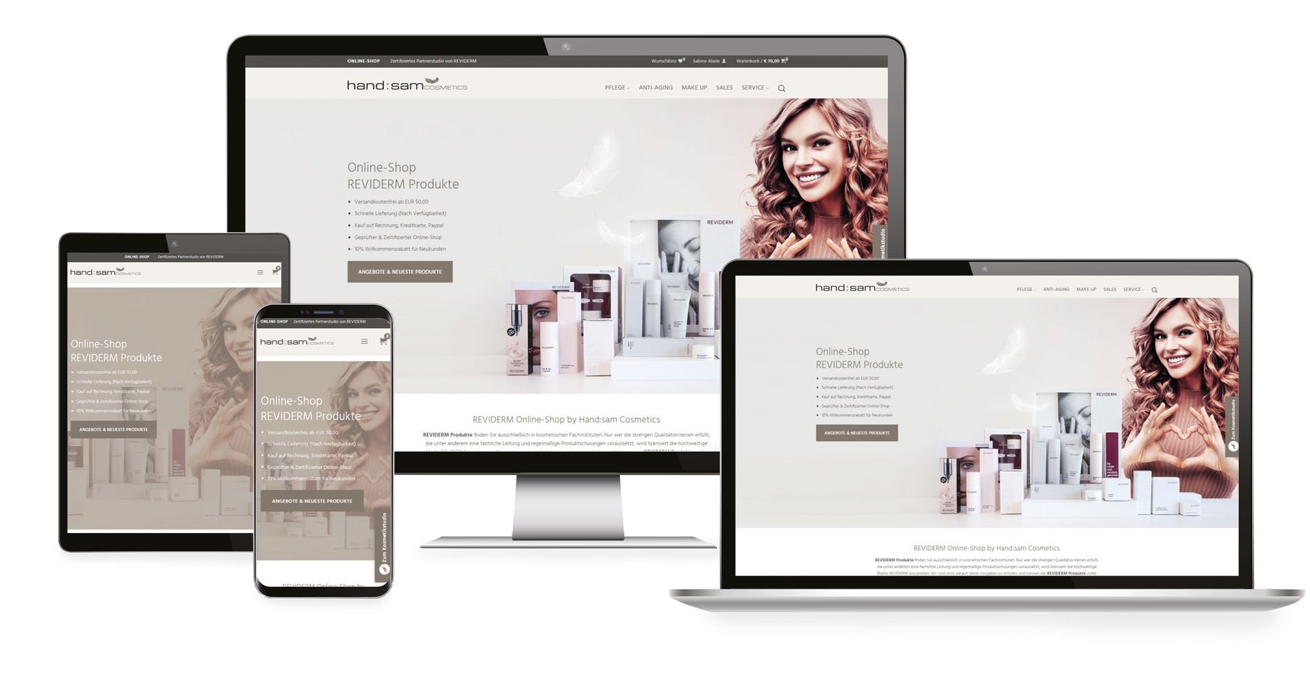 Mockup des responsiven Webshops von Handsam Cosmetics mit Reviderm Produkten